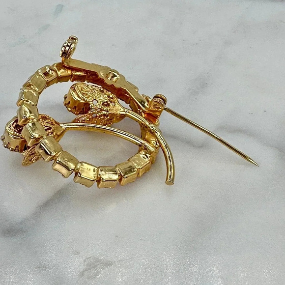 Vintage Pink Glass Brooch Pin Prong Set Rhinestones Circle Flower Bud C… - Picture 8 of 9